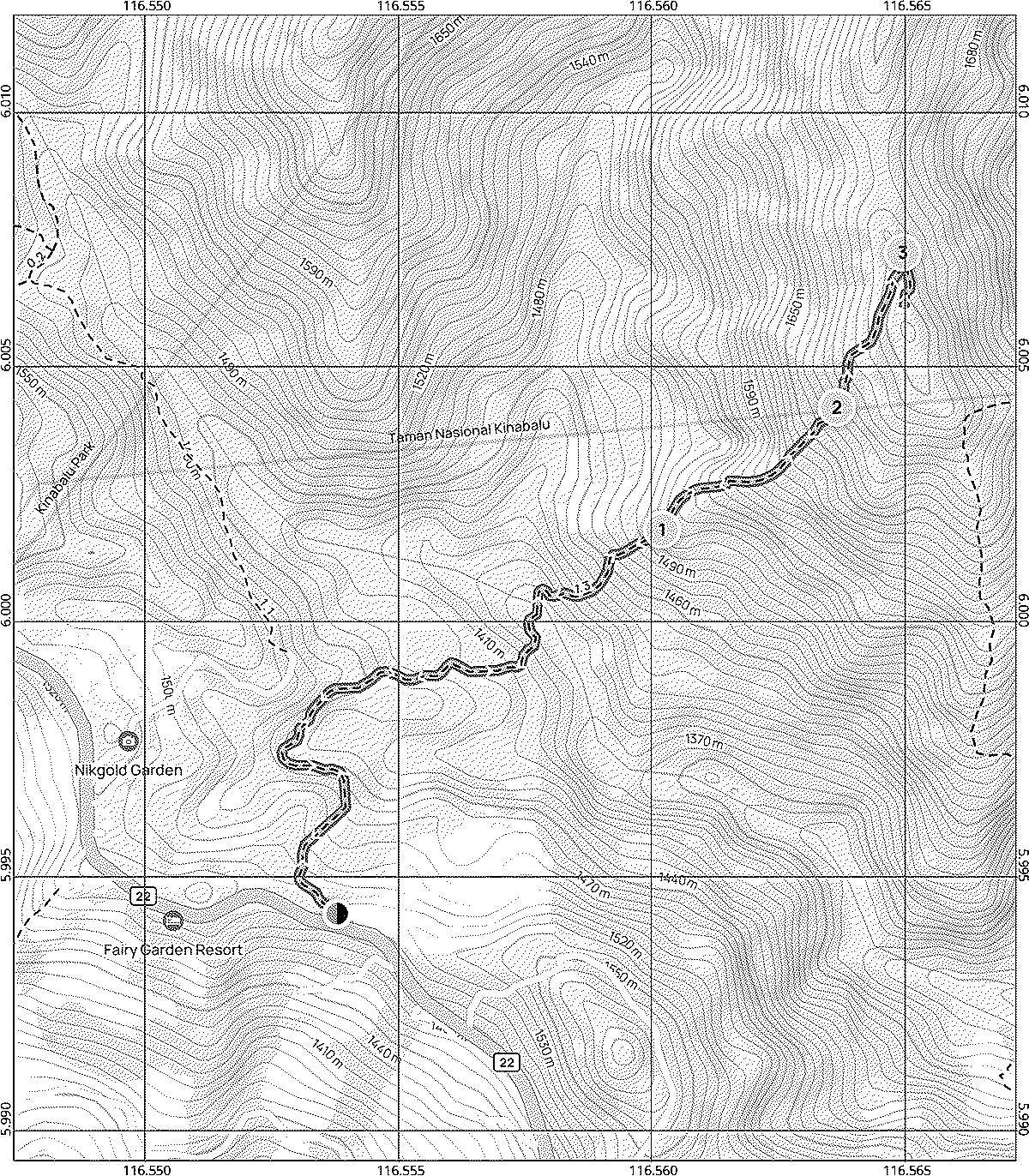 Dithered map of Kinabalu Park showing Aki Aki Trail