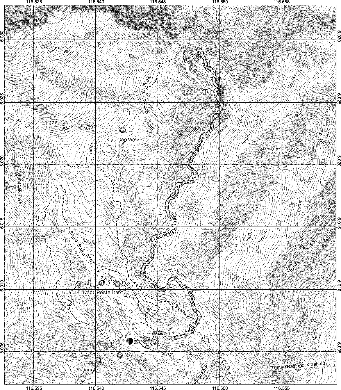 Dithered map of Kinabalu Park for Liwagu Trail.